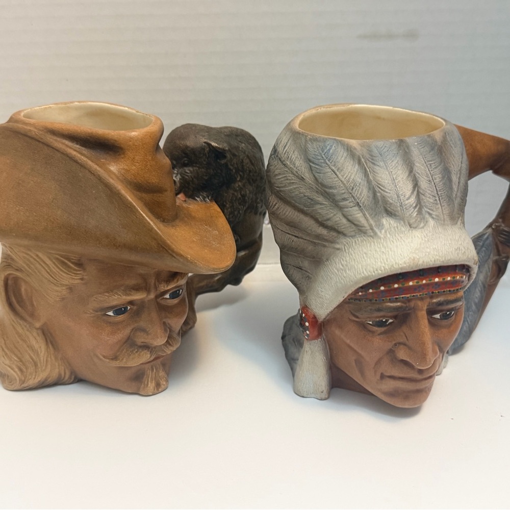 Ceramic Cowboy and Native American Head Mugs